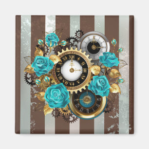 Steampunk Clock- en Turquoise-Rozen op gestreepte Magneet