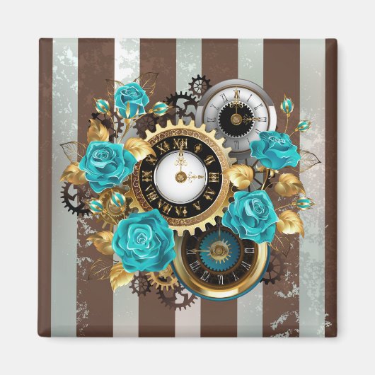 Steampunk Clock- en Turquoise-Rozen op gestreepte Magneet (Voorkant)