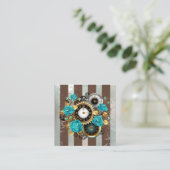 Steampunk Clock- en Turquoise-Rozen op gestreepte  Vierkante Visitekaartje (Staand voorkant)