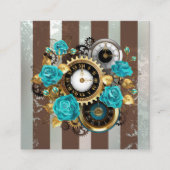 Steampunk Clock- en Turquoise-Rozen op gestreepte  Vierkante Visitekaartje (Voorkant)