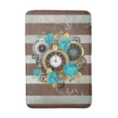 Steampunk Clock- en Turquoise-Rozen op striped Badmat (Voorkant Verticaal)