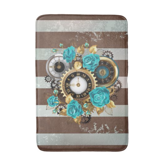 Steampunk Clock- en Turquoise-Rozen op striped Badmat (Voorkant Verticaal)