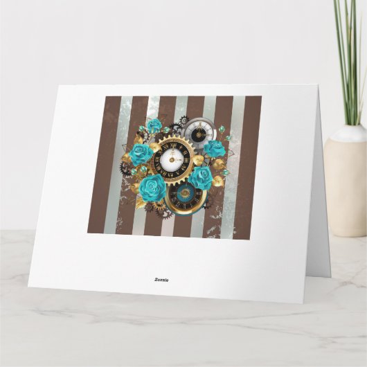 Steampunk Clock- en Turquoise-Rozen op striped Bedankkaart (Achterkant)