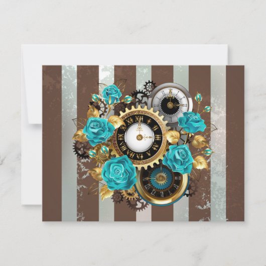 Steampunk Clock- en Turquoise-Rozen op striped RSVP Kaartje (Voorkant)
