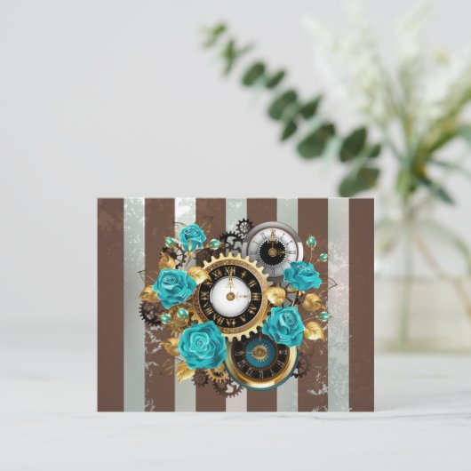 Steampunk Clock- en Turquoise-Rozen op striped RSVP Kaartje (Staand voorkant)