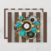 Steampunk Clock- en Turquoise-Rozen op striped RSVP Kaartje (Voorkant / Achterkant)