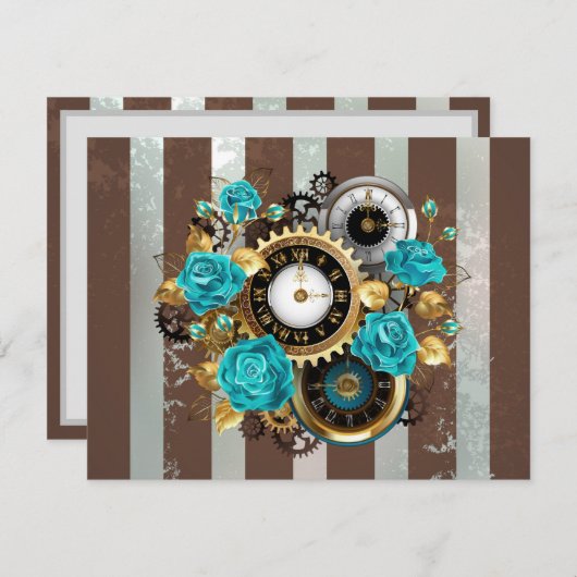 Steampunk Clock- en Turquoise-Rozen op striped RSVP Kaartje (Voorkant / Achterkant)