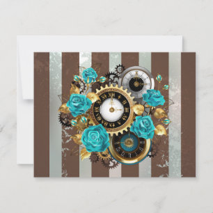 Steampunk Clock- en Turquoise-Rozen op striped RSVP Kaartje