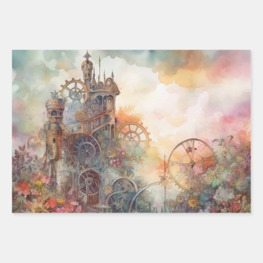 Steampunk Clock Gear Towers inpakpapier Vel (Voorkant 3)