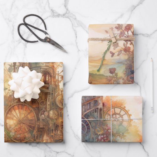 Steampunk Clock Gear Towers inpakpapier Vel (Voorkant)