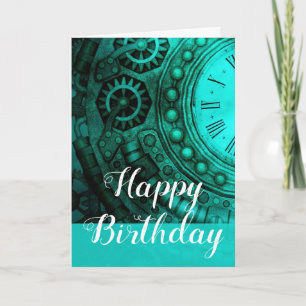 Steampunk Clock & Gears Birthday Kaart