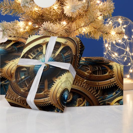 Steampunk Clockwork Gold en Blauwgroen Cadeaupapier (Feestdagen)