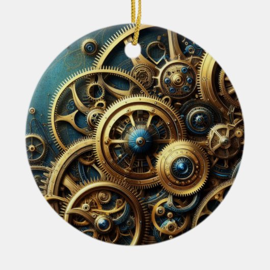 Steampunk Clockwork Gold en Blauwgroen Keramisch Ornament (Voorkant)