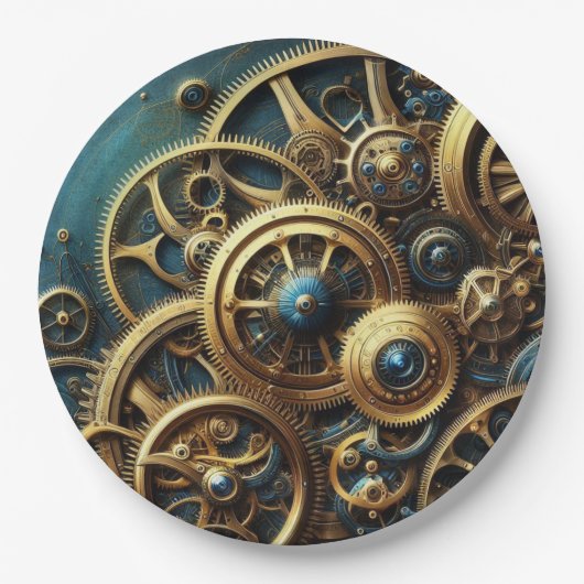 Steampunk Clockwork Gold en Blauwgroen Papieren Bordje (Voorkant)