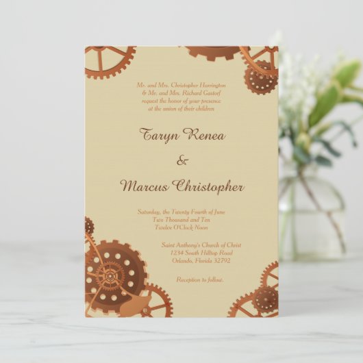 Steampunk Cogs and Gears 5x7 bruiloft uitnodiging (Staand voorkant)