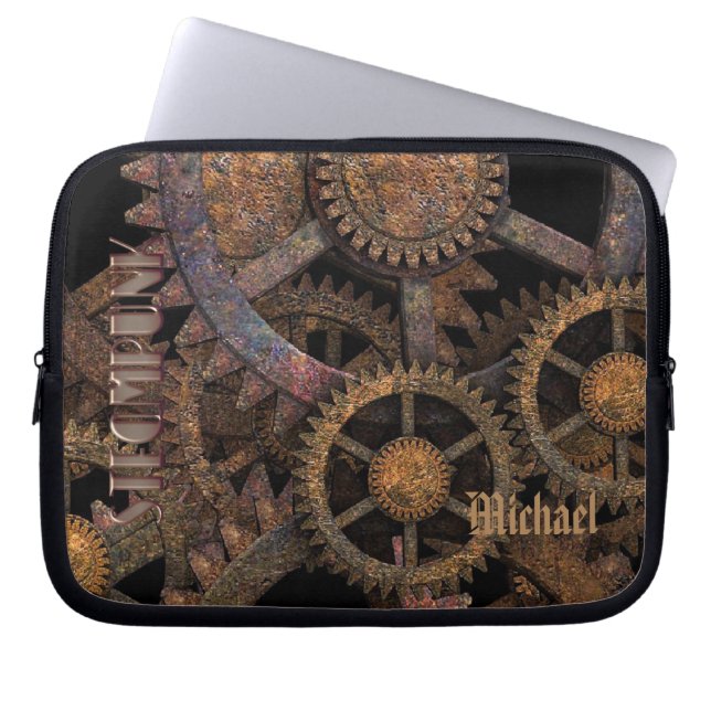 Steampunk Cogs and Wheels Personalised Laptop Sleeve (Voorkant)