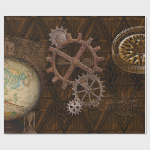 Steampunk Cogs, Gears & World Wereldbol Design Cadeaupapier