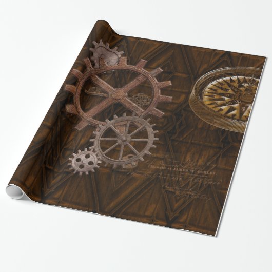 Steampunk Cogs, Gears & World Wereldbol Design Cadeaupapier (Uitgerold)