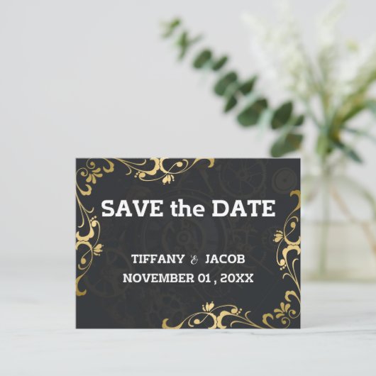 Steampunk Cogs Save the Date Invitation Briefkaart (Staand voorkant)