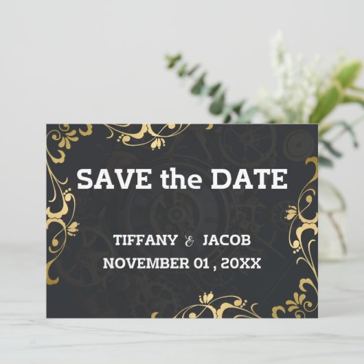 Steampunk Cogs Save the Date Invitation Kaart (Staand voorkant)