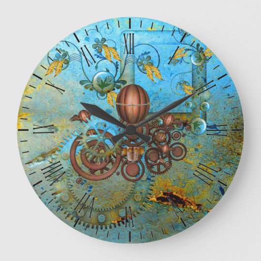 Steampunk Collage Aqua Koperen Wandklok (Voorkant)