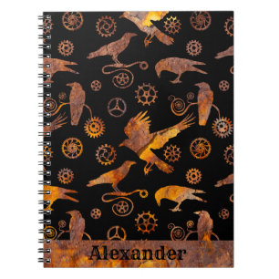 Steampunk Colorful Rusty Gears and Crows Jouw naam Notitieboek