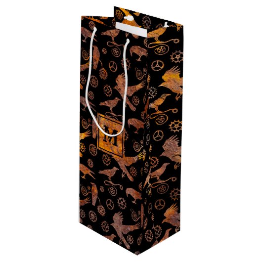 Steampunk Colorful Rusty Gears and Crows Monogram Wijn Cadeautas (Voorkant Gekanteld)