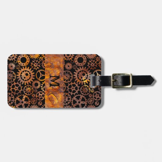 Steampunk Colorful Rusty Steel Gears Monogram Bagagelabel (Voorkant horizontaal)