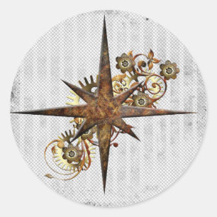 Steampunk Compass Star Grunge Ronde Sticker