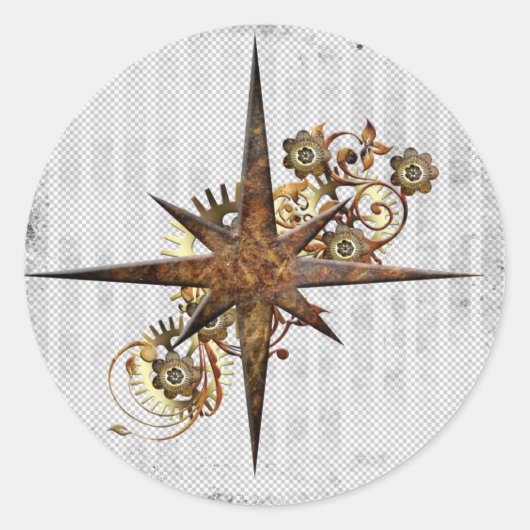 Steampunk Compass Star Grunge Ronde Sticker (Voorkant)