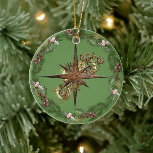 Steampunk Compass Star & Wreator  Keramisch Ornament