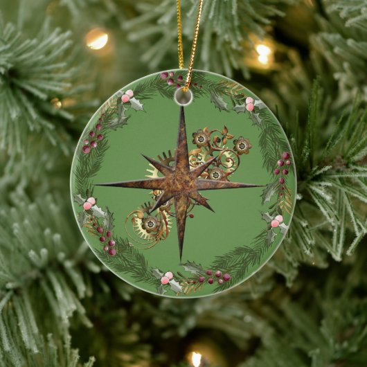 Steampunk Compass Star & Wreator Keramisch Ornament (Boom)
