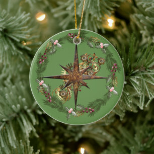 Steampunk Compass Star & Wreator  Keramisch Ornament