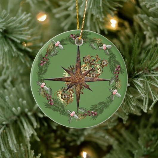 Steampunk Compass Star & Wreator  Keramisch Ornament (Boom)