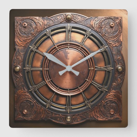 Steampunk Copper Time Face Vierkante Klok (Voorkant)