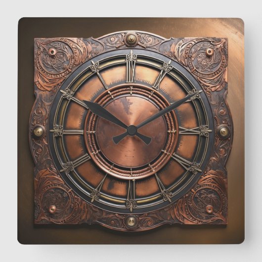 Steampunk Copper Time Face Vierkante Klok (Voorkant)