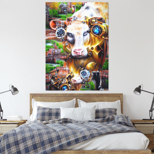 Steampunk Cyber Koe Canvas Afdruk (Insitu (Slaapkamer))