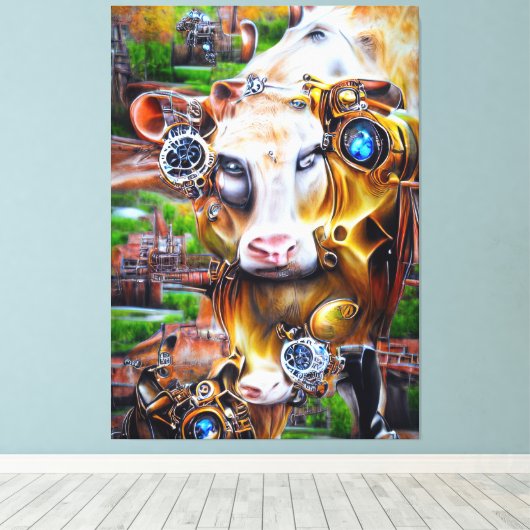 Steampunk Cyber Koe Canvas Afdruk (Insitu (Houten vloer))