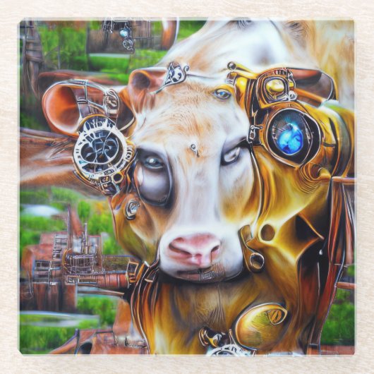 Steampunk Cyber Koe Glazen Onderzetter (Voorkant)