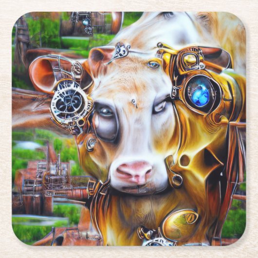 Steampunk Cyber Koe Kartonnen Onderzetters (Voorkant)