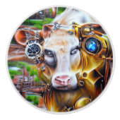 Steampunk Cyber Koe Keramische Knop (Voorkant)