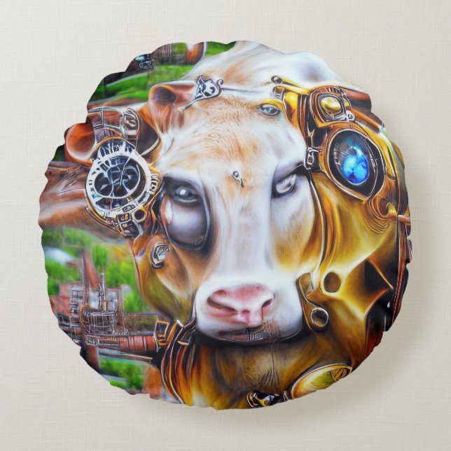 Steampunk Cyber Koe Rond Kussen (Voorkant)