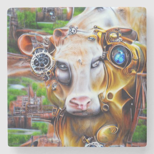 Steampunk Cyber Koe Stenen Onderzetter (Voorkant)