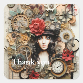 Steampunk Dame met bloemenhaar en pet Art Page Vierkante Sticker