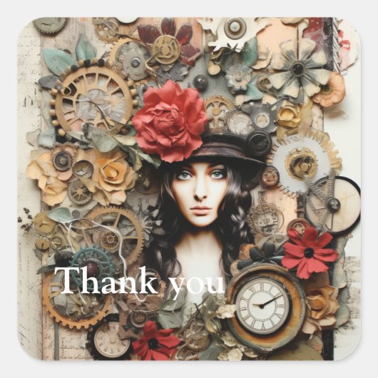 Steampunk Dame met bloemenhaar en pet Art Page Vierkante Sticker (Voorkant)