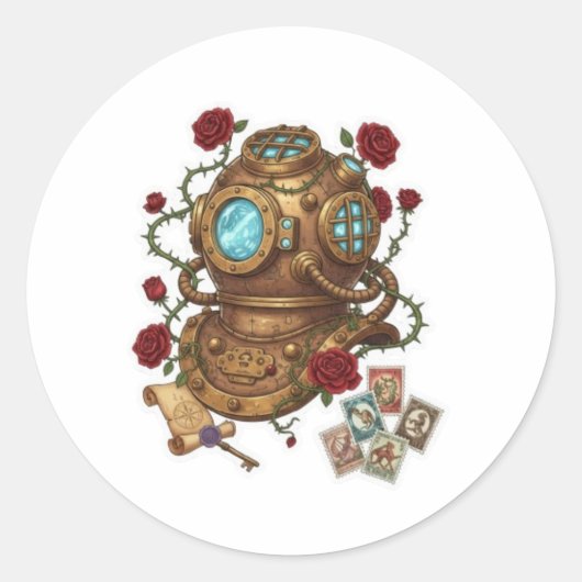 Steampunk Deep Sea Diver Helmet Fantasy Illustrati Ronde Sticker (Voorkant)