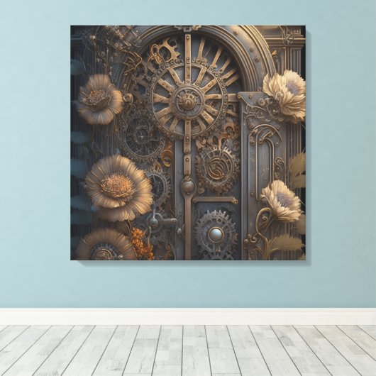 Steampunk deur met bloemen canvas afdruk (Insitu (Houten vloer))