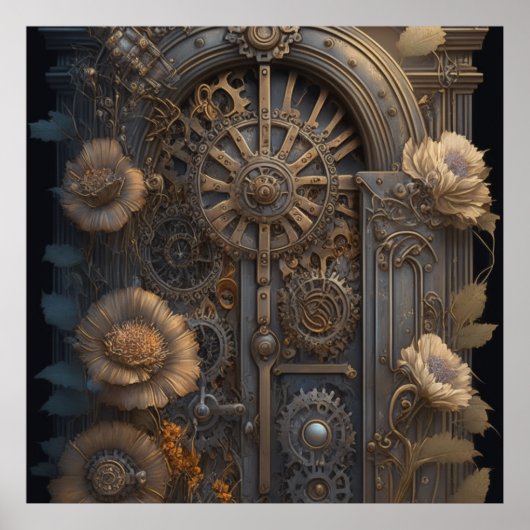Steampunk deur met bloemen poster (Voorkant)