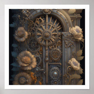 Steampunk deur met bloemen poster