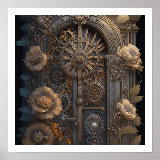 Steampunk deur met bloemen poster (Voorkant)